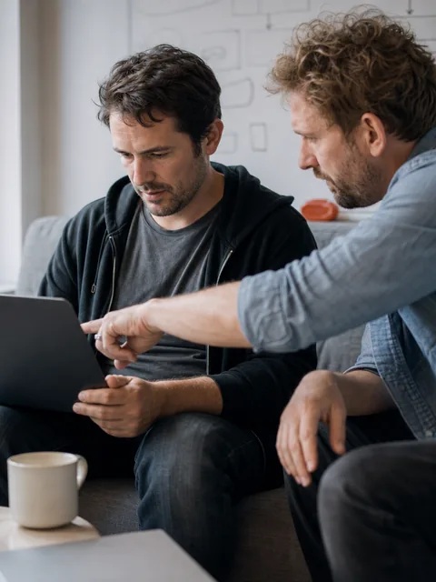 Two engineers pair programming at one screen